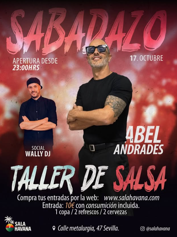 Cartel de Sabadazo con Wally DJ · Taller de salsa con Abel Andrades