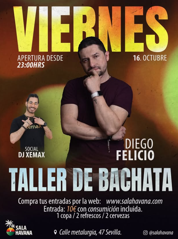 Cartel de Social DJ Xemax · Taller de bachata con Diego y Felicio